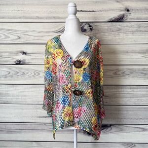 Nina Leonard Multicolor Cutout Wooden Button Cardigan Bolero Top